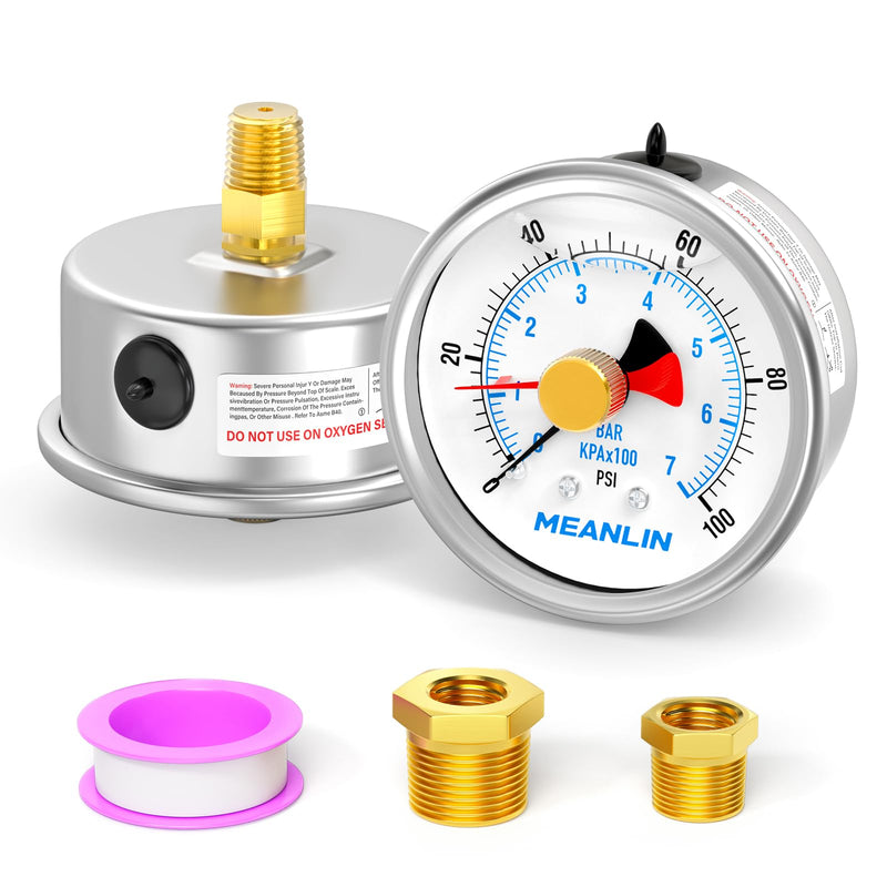 MEANLIN MEASURE 0~100Psi Stainless Steel 1/4" NPT 2.5" FACE DIAL with Reset Pointer Liquid Filled Pressure Gauge WOG Water Oil Air, Lower Mount, with 1/8" x 1/4" NPT and 1/8" x 3/8" NPT Hex Bushing 0-100Psi