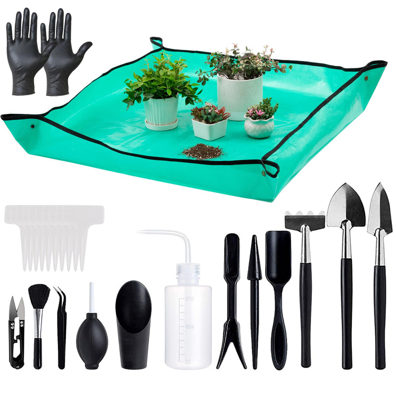 Melphoe 25Pcs Mini Garden Hand Transplanting Succulent Tools Set, 39.4" Thickened Repotting Mat & Plant Tag, Miniature Planting Indoor Fairy Care, Potting, Cactus, Houseplant Bonsai Tool Kit (Black) Black