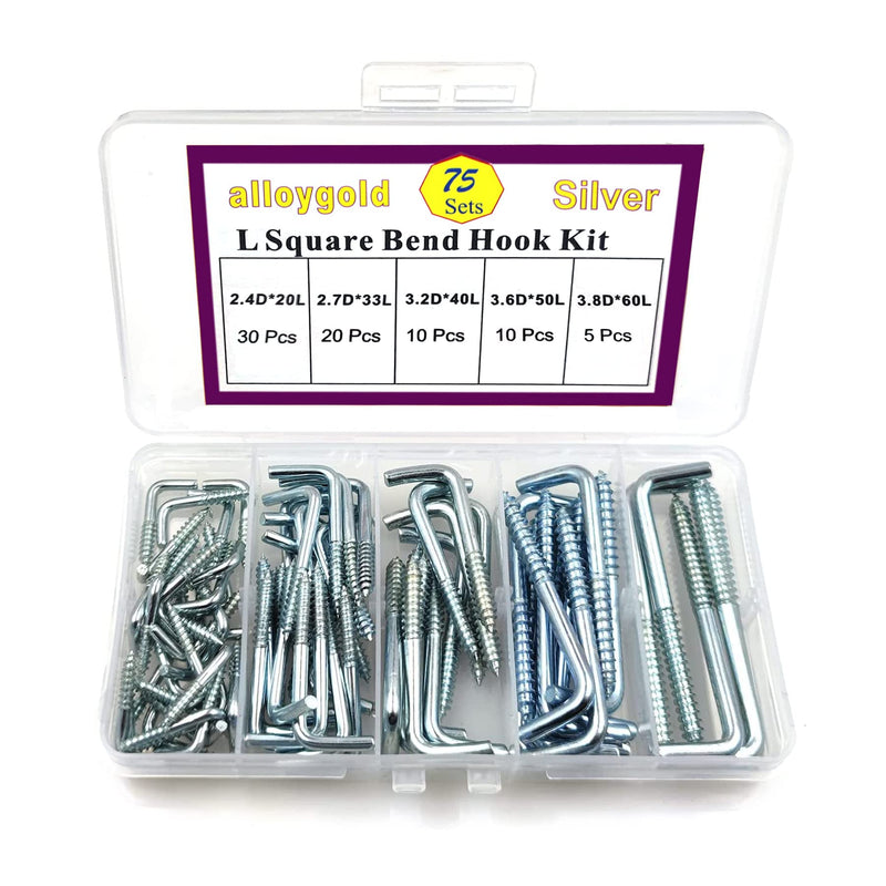 75 Pieces 5 Sizes Spiral in Square Bend Hook kit, Galvanized Square Bend Hook self Tapping Screw Hook for Home/Workplace/Office Silver75pcs5size（20L-60L）
