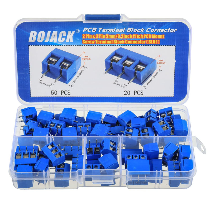 BOJACK Blue 5MM 2-Pin & 3-Pin Pitch PCB Mount Screw Terminal Block Connector for Arduino and Home Electronics Projects (Pack of 70)