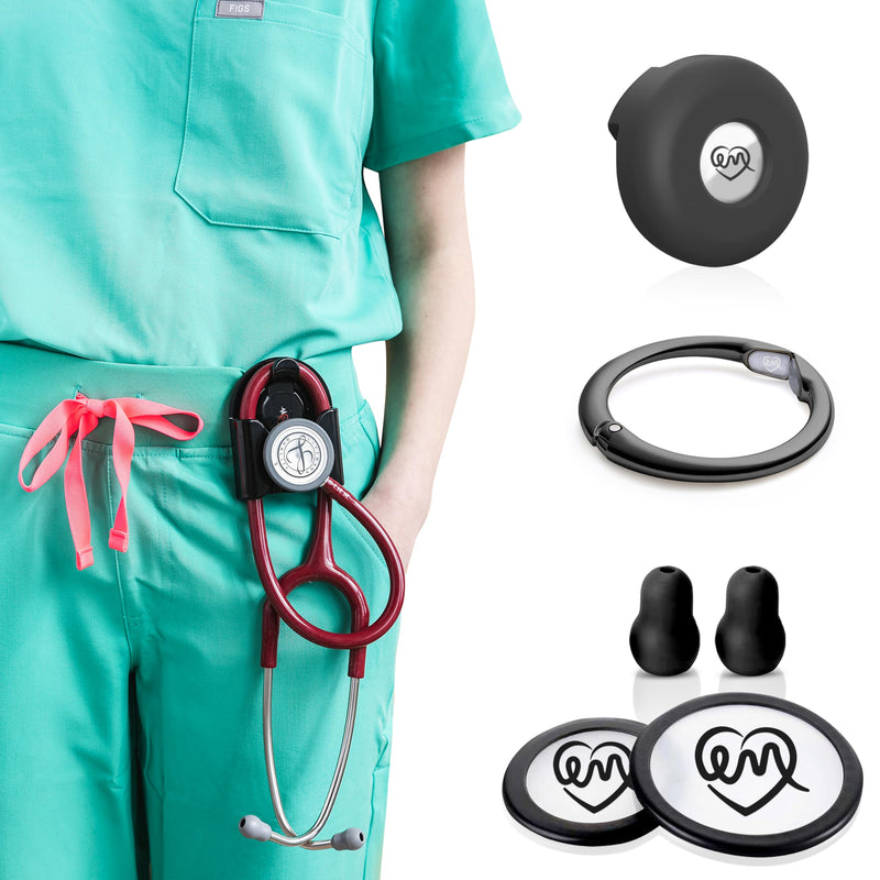 Stethoscope Holder Kit – Hip Clip with Rotating Clip for Neck Pain Relief + 3 BONUSES: Stethoscope AirTag Holder, Stethoscope Replacement Covers/Ear Pieces (Classic III & IV), and Bag Hanger Black