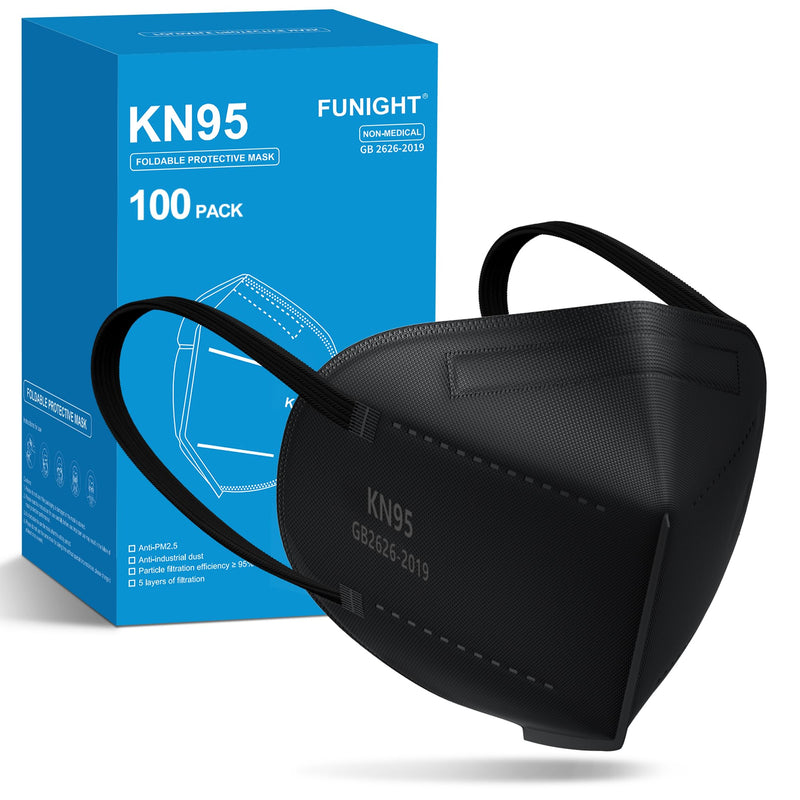 Funight KN95 Face Mask 5-Ply Breathable Filter Efficiency≥95% Protective Cup Dust Disposable Masks Against PM2.5 Black 100 Pack Adult-100 Pack-black