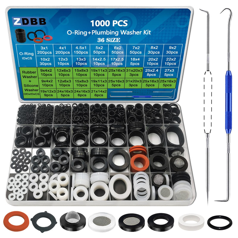 1000 Pcs 18 Size O Ring Kit+18 Size Rubber Washers Assortment Kit for Plumbing Faucet Water Pipe Garden Hose Washers Shower Heads Gasket Repair and Air or Gas Connections Plumbing Washers and O Ring 1000 Pc