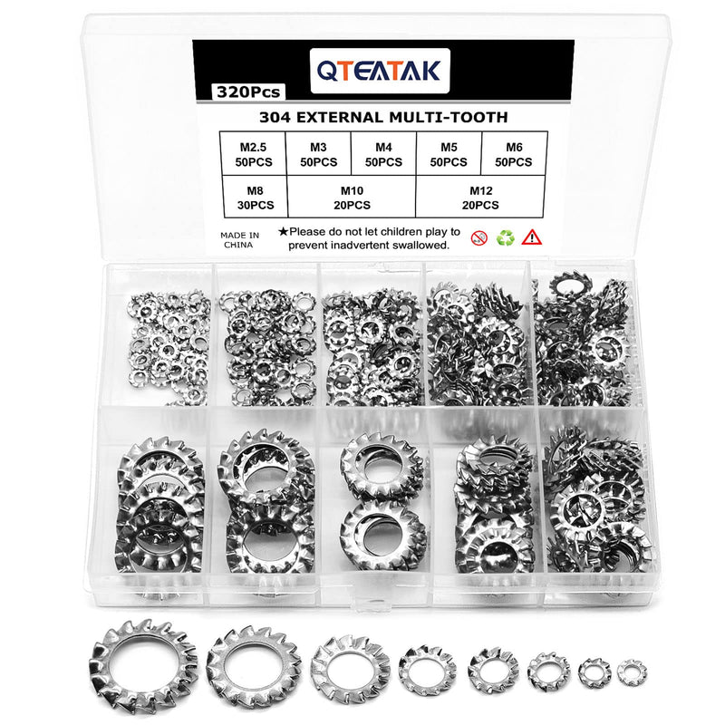 QTEATAK 320Pcs Stainless External Multi-Tooth Star Lock Washers Assortment Set-304 Stainless Steel, 8 Size (M2.5 M3 M4 M5 M6 M8 M10 M12) - NewNest Australia