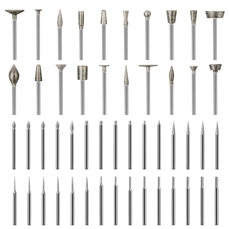 Stone Carving Set Diamond Burr Bits Compatible with Dremel, 50PCS Polishing Kits Rotary Tools Accessories with 1/8’ Shank for Carving, Engraving, Grinding, Stone, Rocks, Jewelry, Glass, Ceramics 50Pcs 1/8'' Shank