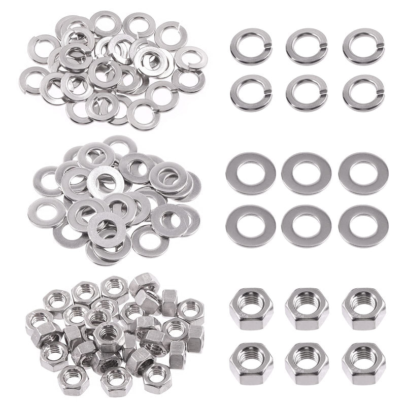 Swpeet 90Pcs SAE 304 Stainless Steel 5/16-18" Hex Nuts and #5/16 Flat Washers with #5/16 Split Lock Washers Assortment Kit, Coarse Thread Hexagon Nut for Home Automotive Shop Use #5/16-18 Hex Nuts & Washers