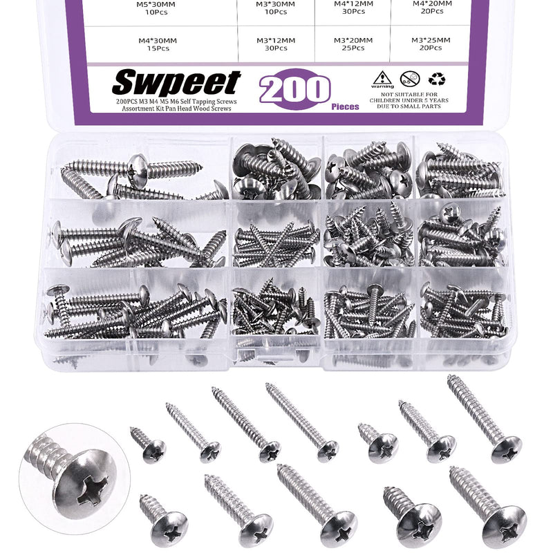 Swpeet 200Pcs #6#8#10#12 304 Stainless Steel Phillips Truss Head Self Tapping Screws Phillips Cross Drive Wood Screws Sheet Metal Screws Assortment Kit for Sheet Metal, Wood, PVC Plastic