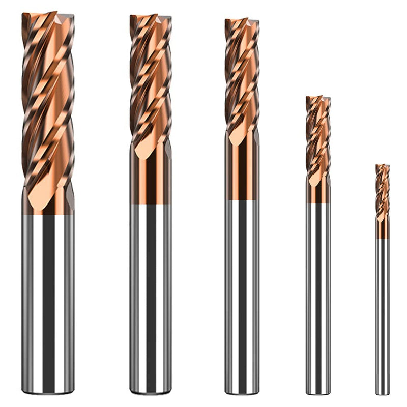 1/8" 3/16" 1/4" 5/16" 3/8" Carbide End Mills Set - Solid Carbide (Tungsten Carbide + Cobalt) - 5Pcs 4 Fulte CNC Mill Bits for Steel - TISIN Coated