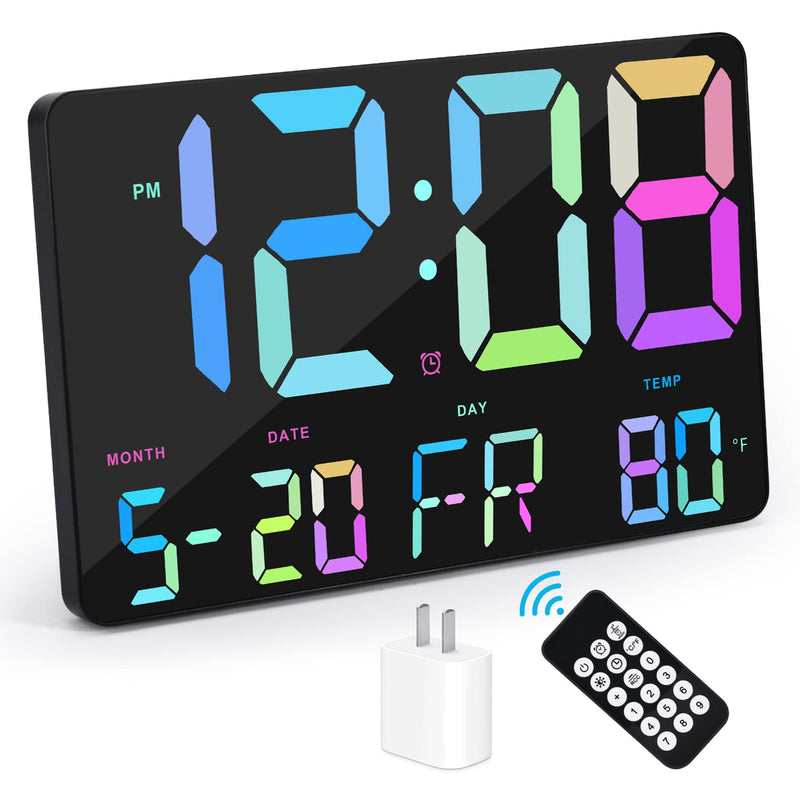 Amgico Digital Alarm Clock with Snooze, Temperature, Auto Dimming, 11.5" Large Display Calendar, Desk/Wall Clock for Bedroom, Living Room, Office, Home, Classroom,Elderly - Rainbow Black-a Rainbow
