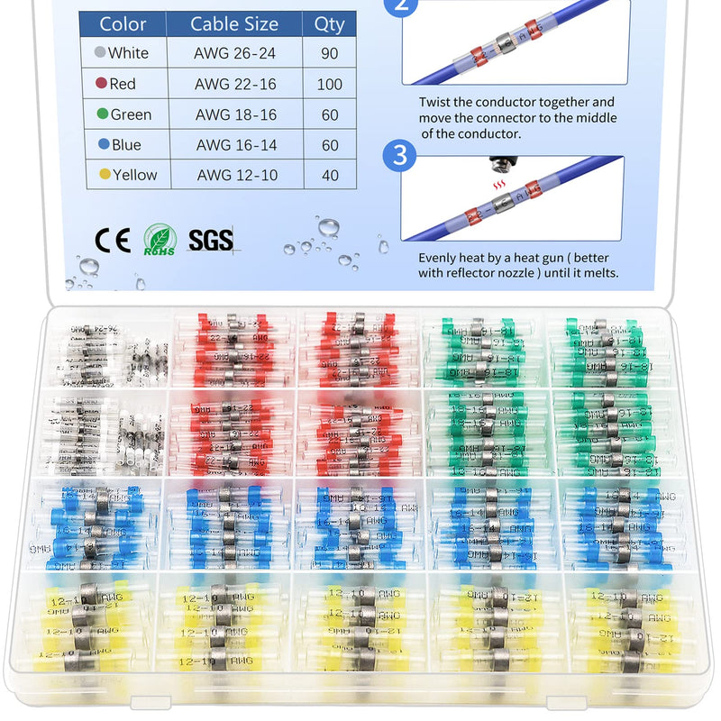 350 Pcs Solder Seal Wire Connectors Heat Shrink Butt Connectors Kit Marine Waterproof Wiring Electrical Cable Splice Terminals for Boat Automotive RV Trailer 350 PCS