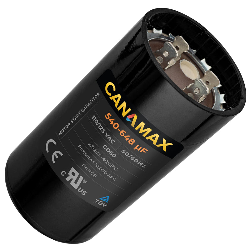 Canamax Premium 540-648 uf/MFD 110-125 VAC Volt Run Round Start Capacitor - Exact Fit for OEM Single Phase Motor Capacitors Condenser Straight Cool or Heat Pump Air Conditioner 110-125VAC