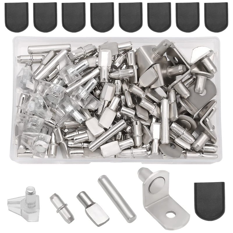 112 Pcs 5 Styles Shelf Nail kit, Metal Nickel Plated Shelf Support pin, Silicone Cover, Suitable for Kitchen Cabinet, Bookcase Support pin and pin 112 PCS Mixed (silver)