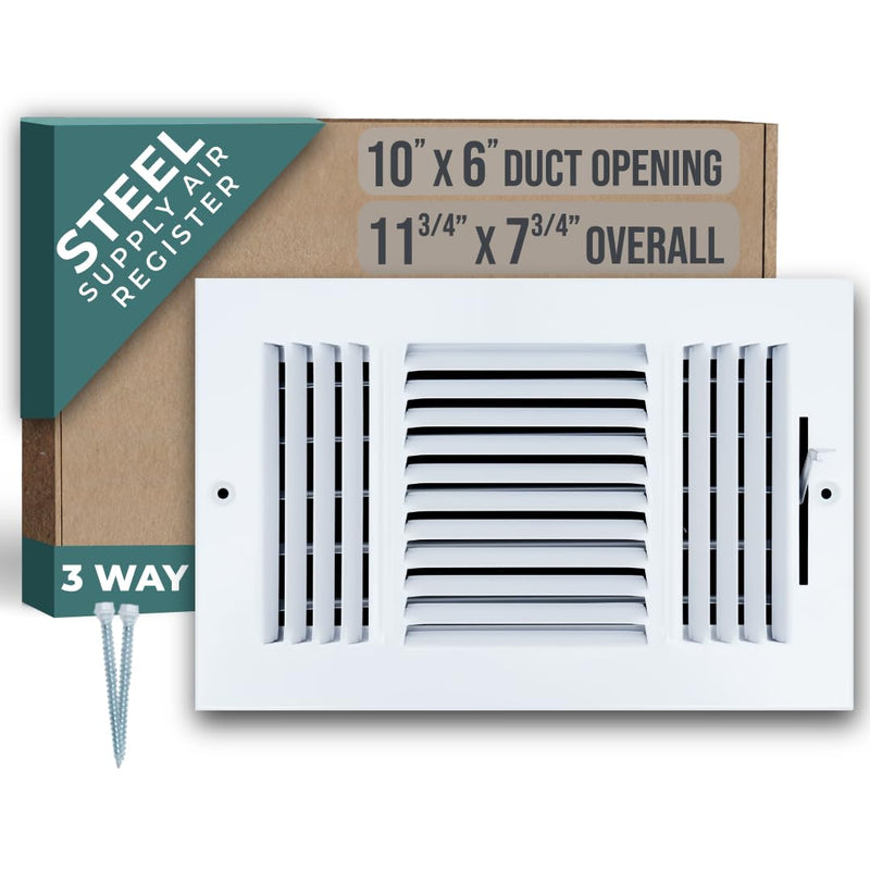 Fits 10x6 Duct Opening 3 Way Steel Air Supply Diffuser by Handua | Register Vent Cover Grille for Sidewall and Ceiling | White | Outer Dimensions: 11.75" X 7.75" 10" X 6" Duct Size