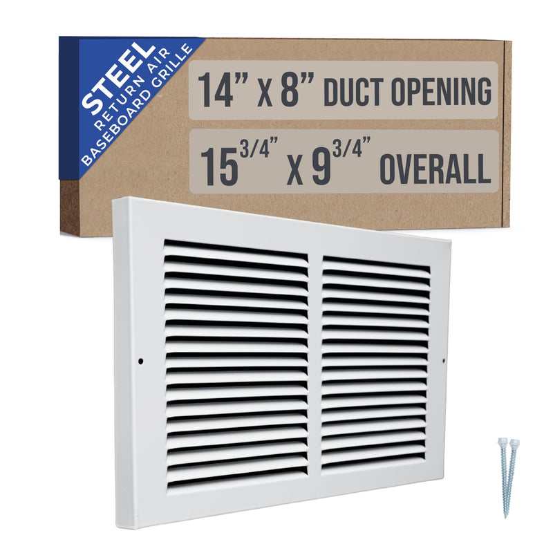 Fits 14x8 Duct Opening | Steel Baseboard Return Air Grille by Handua | Vent Cover Grill | 7/8" Margin Turnback [Depth] to Fit Baseboard | White | Outer Dimensions: 15.75"W X 9.75 "H 1 14"W x 8"H [Duct Opening]