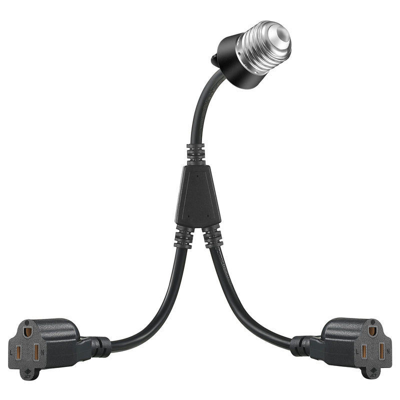 2 in 1 Light Socket to Plug Adapter, Convert E26/E27 Bulb Socket to 2 Pieces 3 Prong Outlet with Extension Cord, Flexible Light Bulb Socket Converter Suitable for Porch Patio Garage Use(Black) Black