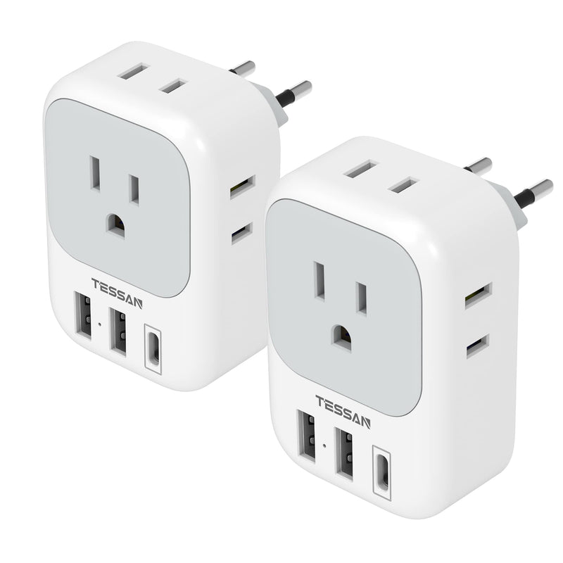 2 Pack European Travel Plug Adapter USB C, TESSAN US to Europe Plug Adapter with 4 Outlets 3 USB Charger, Type C Power Adaptor to Italy Spain France Portugal Iceland Germany, White Gray Type C-Most of Europe