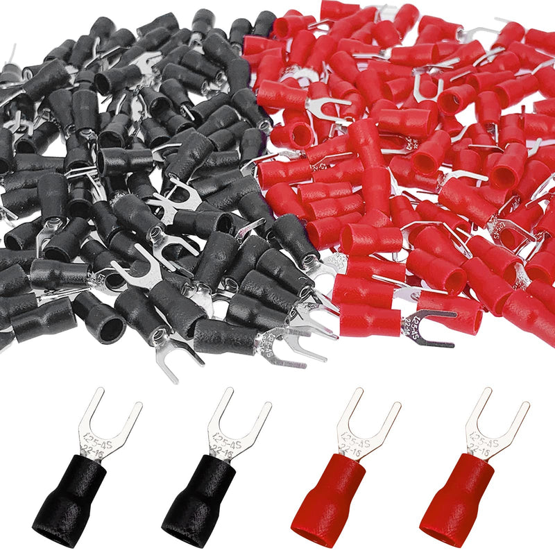 200 Pcs 22-16 AWG #8 Black & Red Insulated Fork Spade Wire Connector U Type Electrical Crimp Terminals (100 Pcs Red +100 Pcs Black) 200 PCS - 22-16 AWG(#8)