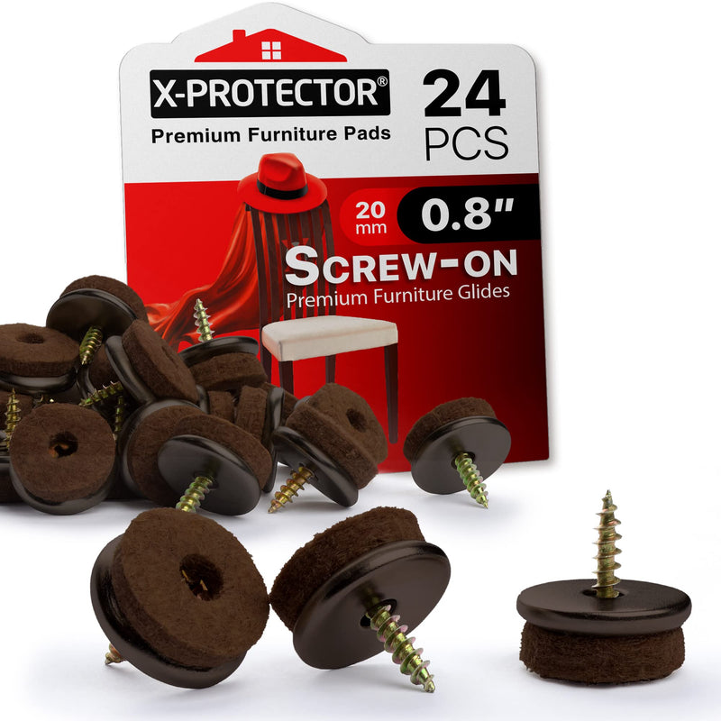 Screw-On Felt Furniture Pads X-Protector 24 PCS - 0.8” Chair Leg Floor Protectors for Hardwood Floors - Premium Chair Glides - Brown Floor Protectors for Chairs - The Best Furniture Sliders! 0.8" Brown