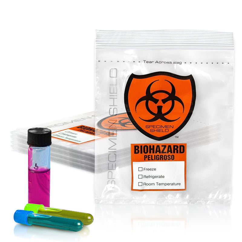 Biohazard Specimen Bags, 8 x 10 Inches. Pack of 100 Clear Biohazard Bags. 3-Wall Polyethylene Speciman Bag, 2 Mils. Waterproof Plastic Bag with Pull-to-Tear Zipper and Orange Hazard Sign 8" x 10" / Orange-Black 1 Count (Pack of 100)