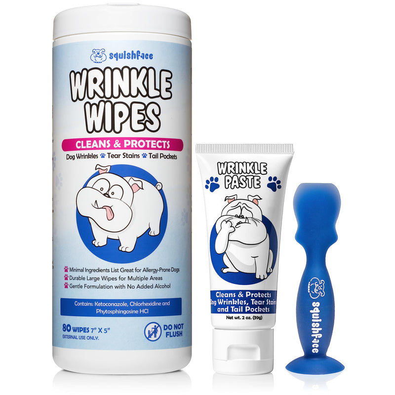 Squishface Wrinkle Paste + Wrinkle Wipes + Flexible Silicone Dog Wrinkle Cream Applicator Bundle - Softer, Cleaner Way to Clean Your Dog's Face - Great for All Breeds! - NewNest Australia