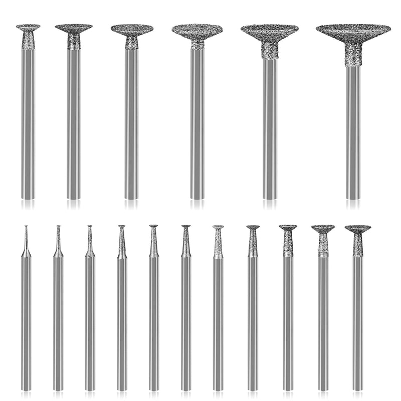 Stone Carving Set Diamond Burr Bits Compatible with Dremel, 17PCS Polishing Kits Rotary Tools Accessories with 2.35mm 3mm Shank T Shape for Carving, Engraving, Grinding, Stone, Rocks, Jewelry, Glass 0.5-16mm burr head 3/32''+1/8'' shank