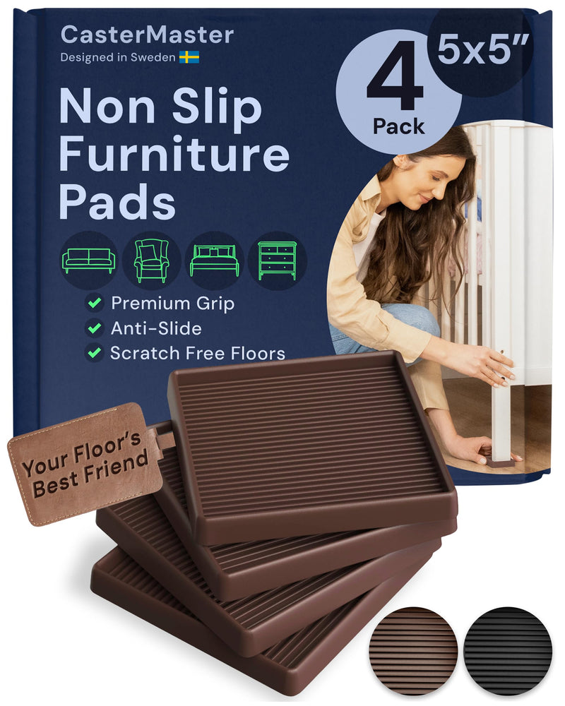 CasterMaster Non Slip Furniture Pads - 5x5 Square Rubber Anti Skid Caster Cups Leg Coasters - Bed Stoppers with Anti-Sliding Floor Grip - (Set of 4) - Brown Furniture Pads for Hardwood Floors