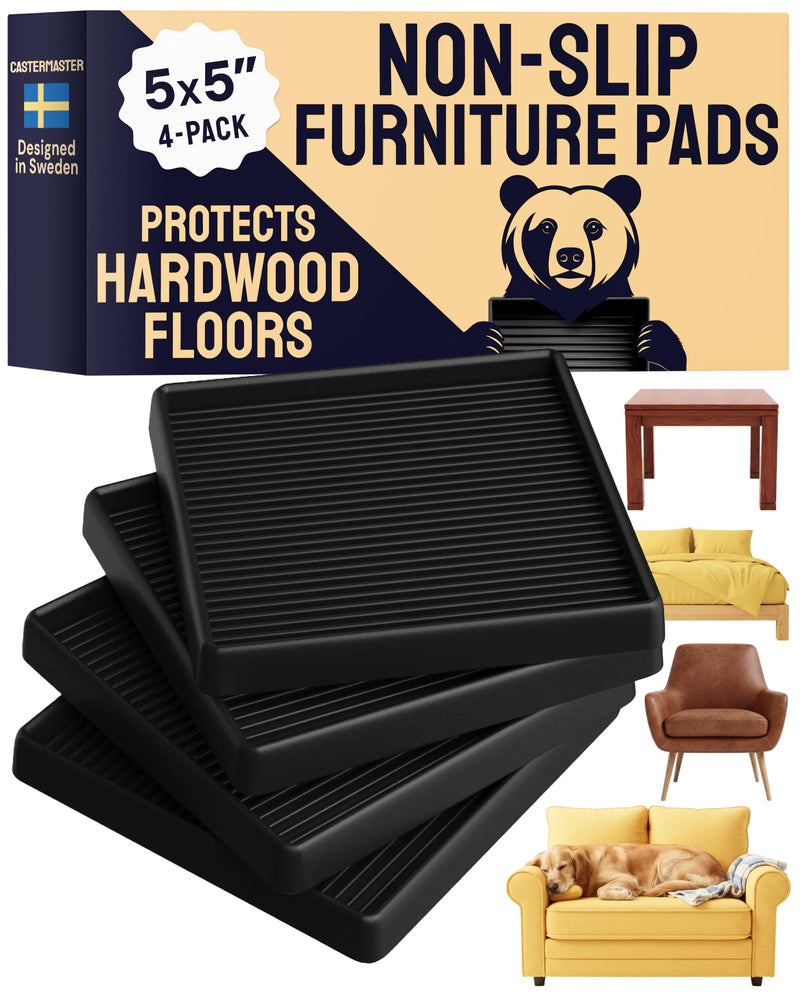 CasterMaster Non-Slip Furniture Pads for Hardwood Floors - 5 in x 5 in Pack of 4 - Black - Heavy-Duty Rubber Feet & Floor Protectors for Furniture - Noise-Dampening Anti-Skid Caster Cups 5'' x 5'' (Pack of 4)