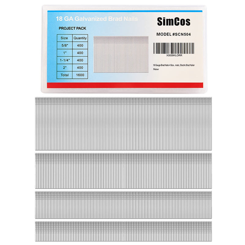 18 Gauge Brad Nails (2",1-1/4",1",5/8 inch) 1600 pcs 18 GA Nail Gun Nails Assorted and Small Finishing Nails for Pneumatic, Electric Brad Nailer (Galvanized steel) Galvanized steel