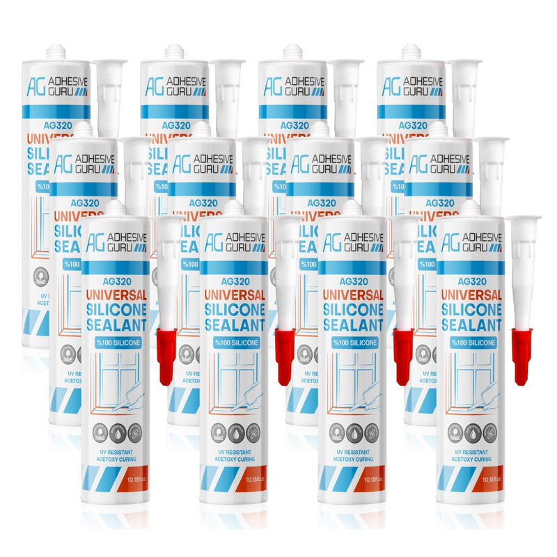 Adhesive Guru All Purpose Clear Silicone Sealant Waterproof (12 x 10.15 fl.oz.), 100% Silicone Caulk, Weatherproof & Flexible Adhesive Sealant for Indoor and Outdoor Use, Transparent -12 Pack 12 Pack 10.15 fl oz
