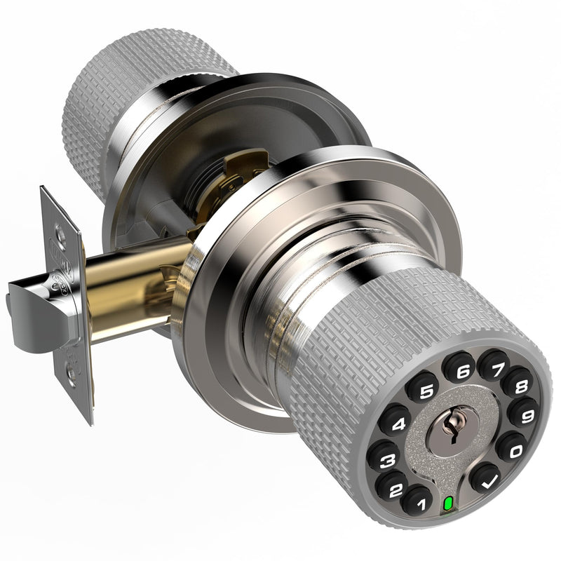 Smart Door Knob with Keypad and Key,Keyless Entry Door Lock with Rubber Grip, Auto Lock,50 User Code,Waterproof, Easy to Install and Program for Bedroom Garage Office Gate (Satin Nickel) Stain Nickel