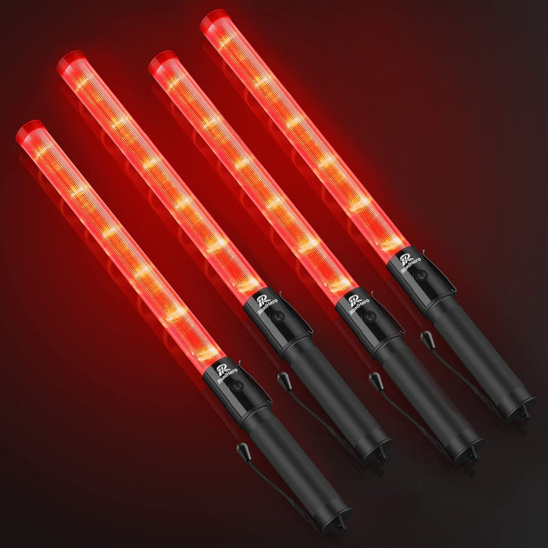 RoadHero 4 Pack Traffic Wand, 21 Inch Led Traffic Control Baton, Safety Light Wands with 2 Flashing Modes, Air Marshaling Signal Wand with Side Clip for Airport, Parking, Car Directing Red