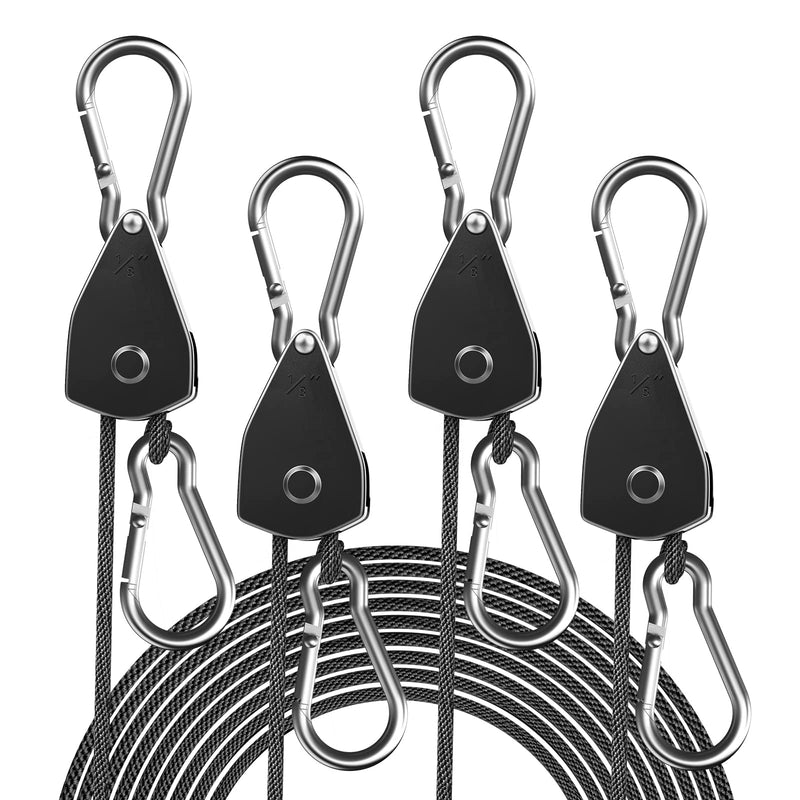 4-Pack 1/8" Adjustable Rope Hanger, Heavy Duty Ratchet Tie Down Strap with Reinforced Metal Gear, Ratcheting Pulley System Kayak Straps for Hanging Plants Grow Light and Various Tie-Down Uses 4-Pack 1/8"