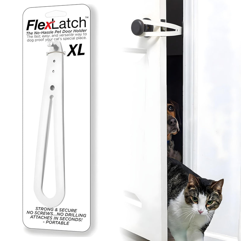 Cat Door Holder Latch - Extra Large Cat Door Alternative Installs Fast Flex Latch Strap Let's Cats in and Keeps Dogs Out of Litter & Food. Safe Baby Proof One Piece No Measuring Extra Easy White X-Large