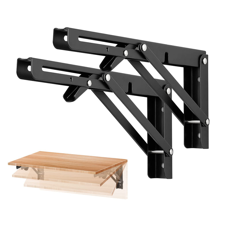 Ravinte Folding Shelf Brackets - Heavy Duty Shelf Brackets Matte Black 10 Inch Collapsible Shelf Brackets, Folding Bracket for Table Bench, Space Saving for Bench Table 2 Pack