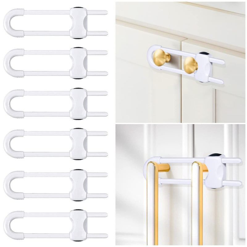 6 Packs Sliding Cabinet Locks, Modacraft Baby Proofing U-Shaped Child Safety Latches Adjustable White Locks for Handles Knobs Drawers Closet Cupboard 6 PCS White