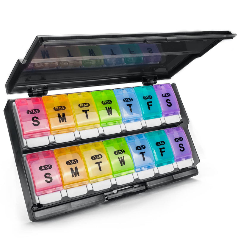 Extra Large Weekly Pill Organizer 2 Times a Day - Remtise Am/Pm Daily Pill Case Medicine Organizer, Push Button 7 Day Pill Box for Pills/Vitamin/Cod Liver Oil/Supplements (Rainbow) Rainbow