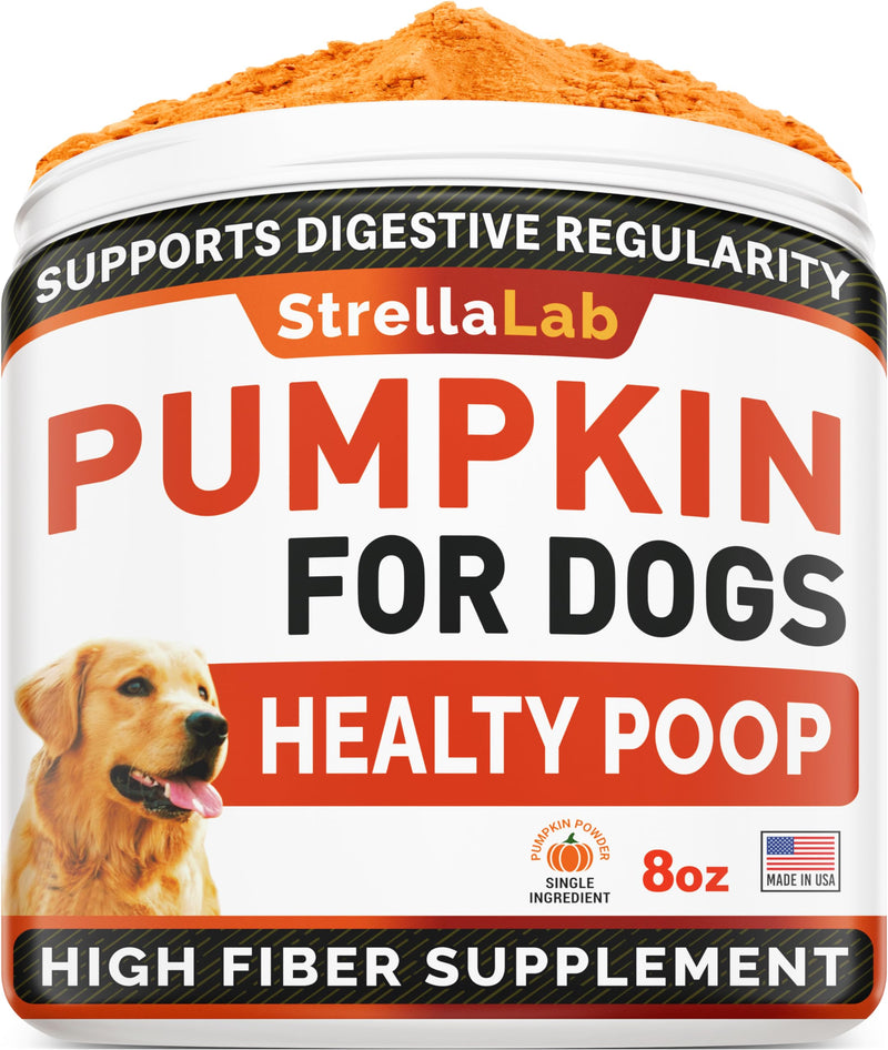 STRELLALAB Pumpkin for Dogs - 8oz High Fiber Powder Supplement - Stool Consistency and Softener - Diarrhea, Constipation, Upset Stomach, Food Sensitivity, Scoot - Digestion Support - Made in USA Pumpkin Powder 8.1 oz (Pack of 1) - PawsPlanet Australia
