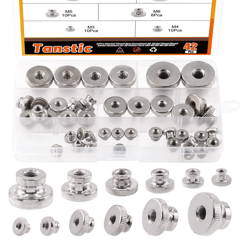 Tanstic 42Pcs Knurled Thumb Nuts, M3 M4 M5 M6 M8 M10 Round Knobs Fasteners with Nickel Plated Adjusting Nuts Metric Thread M3/M4/M5/M6/M8/M10 assortment kit - 42pcs