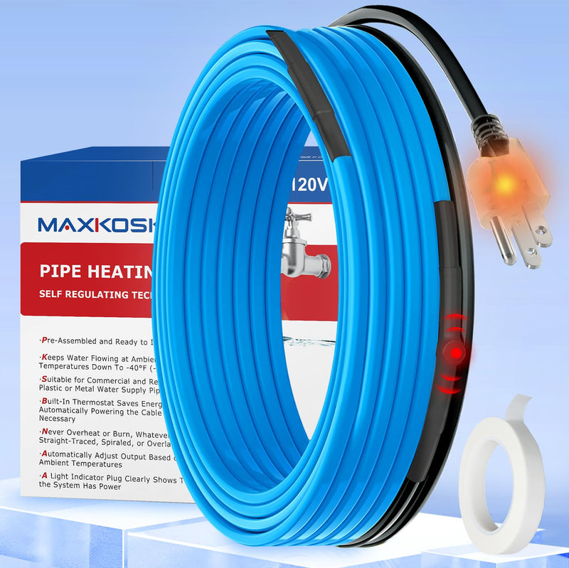 MAXKOSKO 6 Ft. 120 V Heat Tape for Water Pipes, Self-Regulating Heating Cable for Metal And Plastic Pipes 5W/FT (Blue) 6-feet