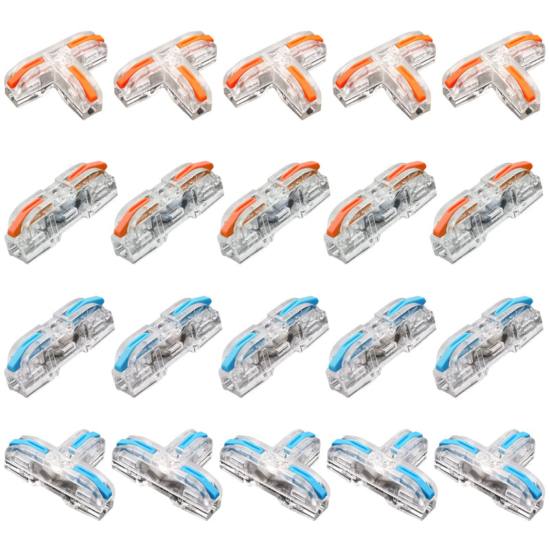 10 pcs 1 Conductor Compact Wire Connectors Splicing Connectors and 10 pcs Quick Splitter 3 Pin 1 Way Wire Connector (T-Shape Lever Nut Wire Connector), 28-12 AWG