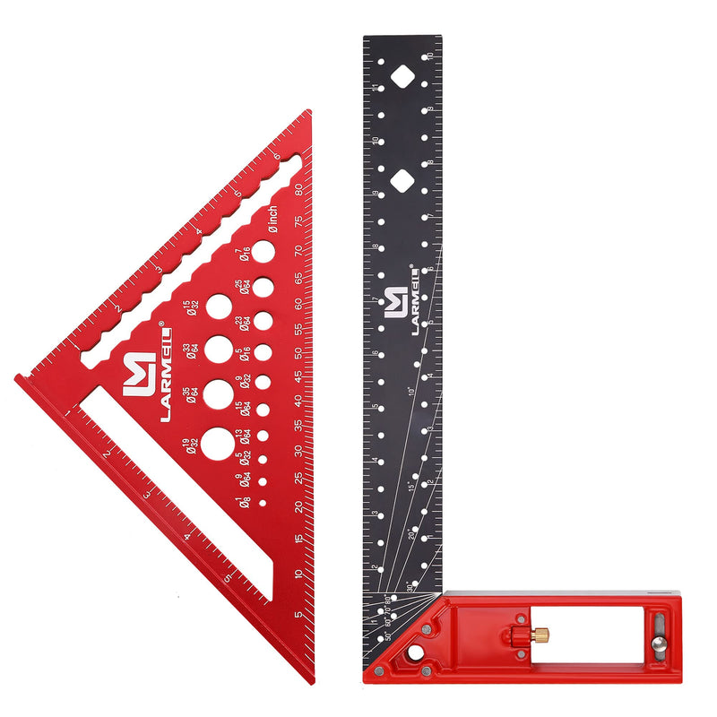 Rafter Square 7 Inch and Framing Square 12 Inch Carpenter Square Set, Square Tool Woodworking Square, Aluminum Square Ruler for Woodworking 2 Pack ruler set red