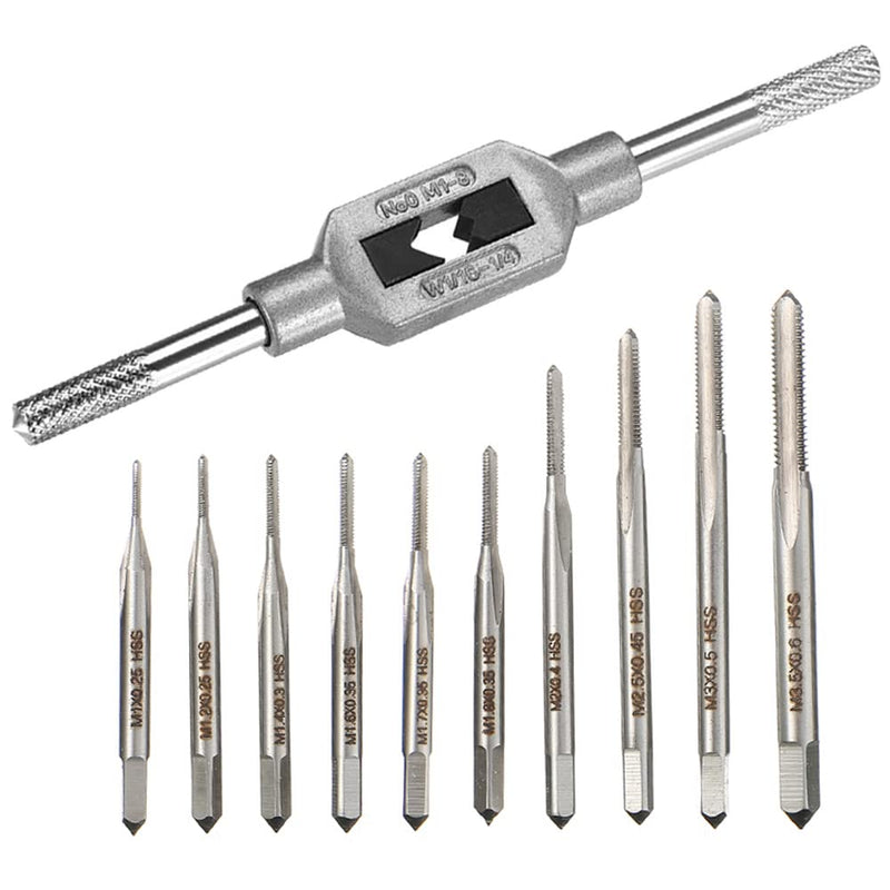 10pcs Micro Taps Bit Small Hand Screw Thread Taps M1-M3.5 HSS Mini Metric Plug Tap Screw Tap Drill Tap Drill Set Tapping tool with Adjustable Tap Wrench 1/16-1/4''