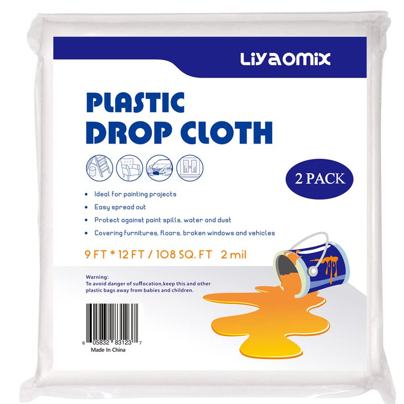 2-Pack 2 Mil Plastic Drop Cloth 9ft x 12ft, Heavy Duty Painters Drop Sheet, Waterproof Plastic Painting Tarp for Painting Renovations - Floor Covering & Dust Cover