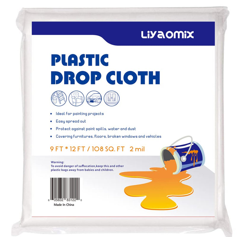 1 Pack 2 Mil Plastic Drop Cloth for Painting 9ft x 12ft, Heavy Duty Plastic Painters Drop Sheet, Waterproof Plastic Painting Tarp for Floor Covering 1