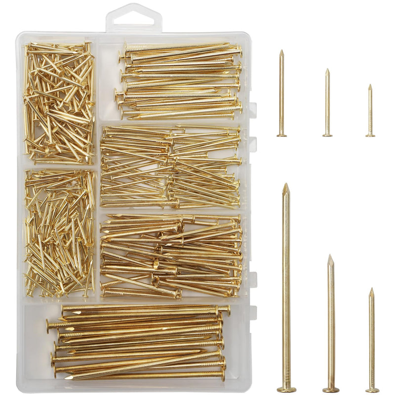 6 Sizes Gold Hardware Nails Assortment Kit, 358pcs, Brass Plated, Nails for Hanging Pictures, Finishing Nails, Wood Nails, Wall Nails for Hanging (3”, 2”, 1-1/2”, 1-1/4", 1”, 3/4") 358
