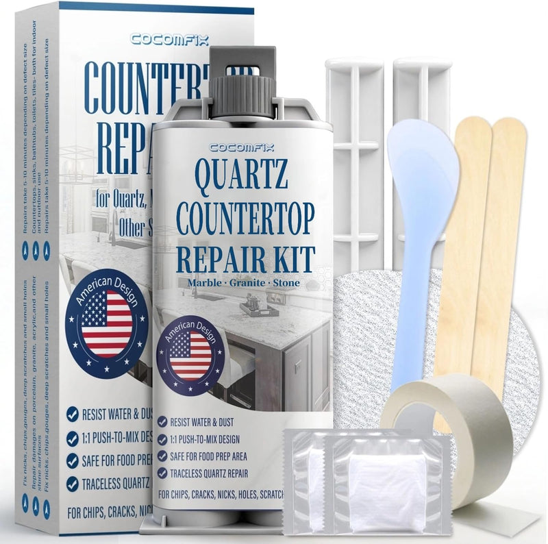 Quartz Countertop Chip Repair Kit(White), Traceless & Quickly Repair Edge Chip, Crack and Hole, Quartz Countertop Repair Kit for Quartz, Marble, Granite, Porcelain and Other Stone Surfaces, 59ml No. 01 White
