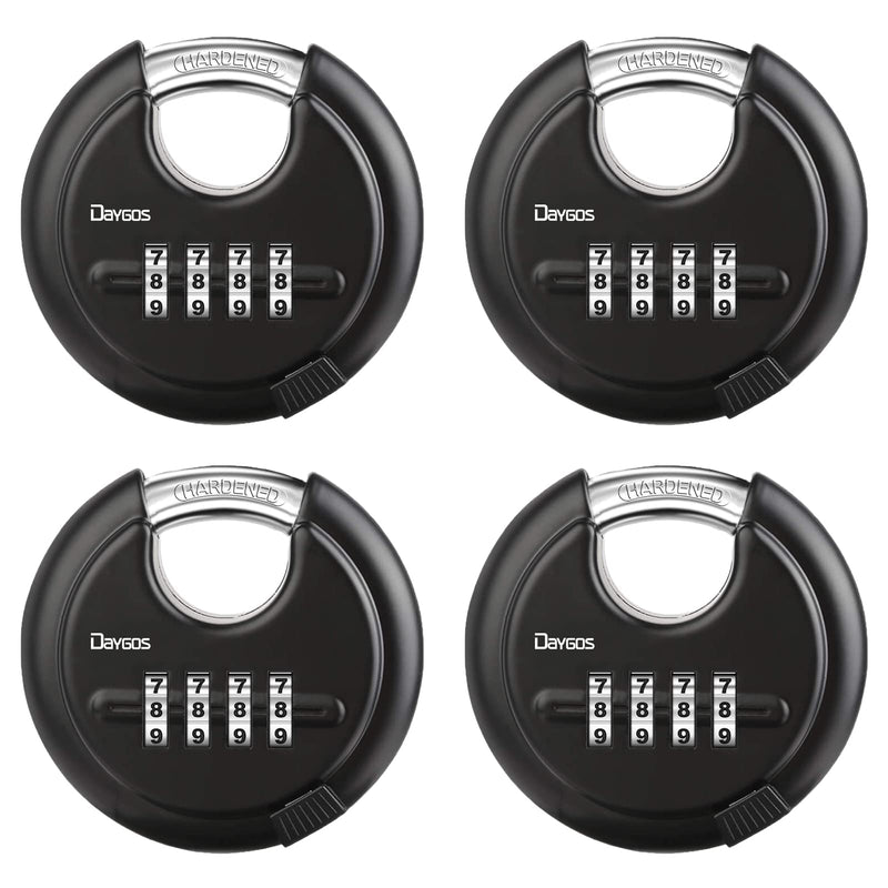DAYGOS Combination Disc Padlocks for Outdoor - Heavy Duty 4 Digit Code Lock, Combo Discus Lock for Storage Unit,Gate,Fence,Trailer,4PCS,Black round disc padlock Black-4Pcs