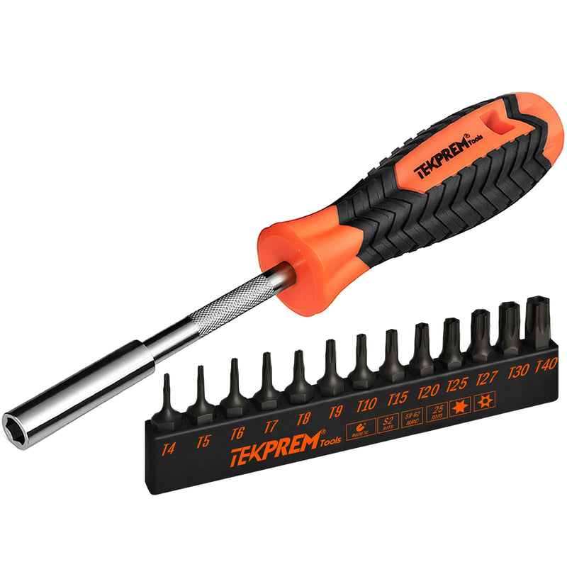 Torx Bit Set with 1/4 inch Magnetic Bit Driver,TEKPREM 13-Piece Security Torx Screwdriver Bit Set with 1 inch T4 T5 T6 T7 T8 T9 T10 T15 T20 T25 T27 T30 T40 Tamper Resistant Torx Bits Set 1" Long Torx Bits