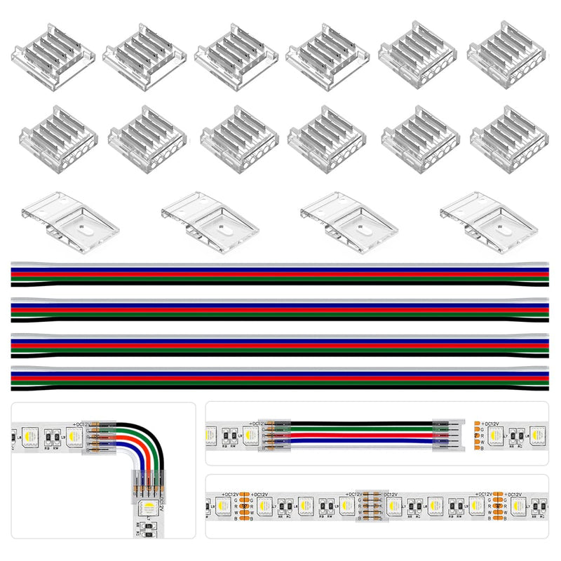 BTF-LIGHTING SMD 5 Pin 12mm 0.47in Width Transparent Connector Kit, 4xGapless Solderless 8pcs Corner Connectors,4pcs 5.9in Long 22AWG Extension Wires,Support 5050 SMD RGBW LED Strip Multi Function Connector