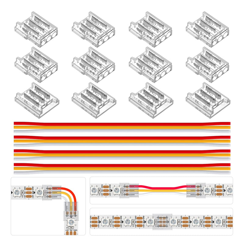 BTF-LIGHTING 3 Pin 10mm 0.39in Width Transparent Connector Kit,4xGapless Solderless 8PCS Corner Connectors,4PCS 5.9in Long 22AWG Extension Wires,Support WS2812B WS2811 SK6812 SMD LED Strips Multi Function Connector